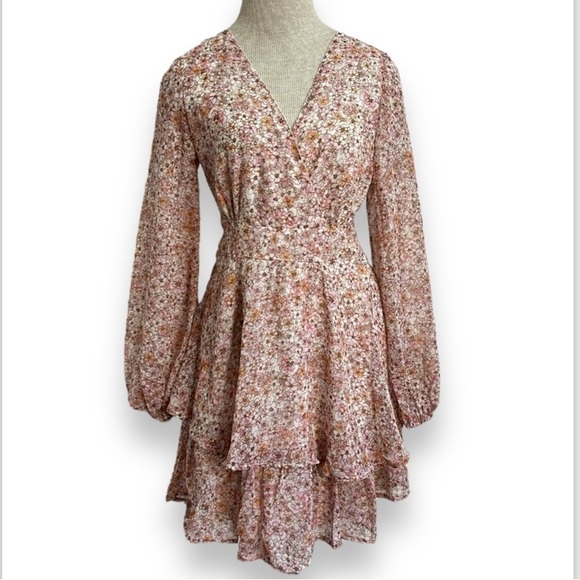 Japna Floral Faux Wrap Chiffon Dress Womens Size Medium Tiered Long Sleeves Pink - Picture 1 of 16
